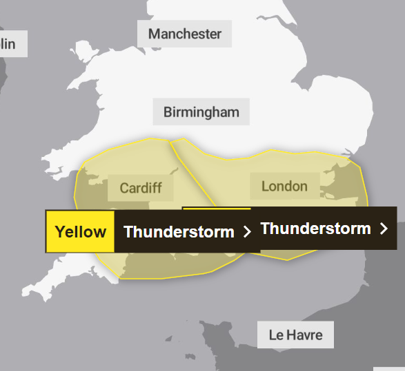 The Met Office has issued a weather warning out for thunder late today and tomorrow. It covers much of the south of England including Oxfordshire south of Bicester/Charlbury.