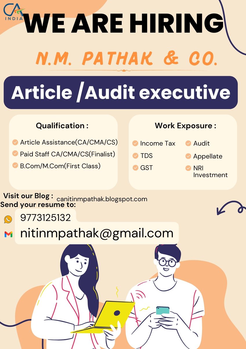 Vacancy articleship assistance CA/CMA/CS
B.Com. , M.Com. (1st class)
CA/CMA ( Finalist: )
-------
Webinar
Friday 10th, May, 2024, 6:30 PM
Topic : ' 100 Important GST Judgements Sequel 7 '
Speaker : CA Nitin Pathak
canitinmpathak.blogspot.com