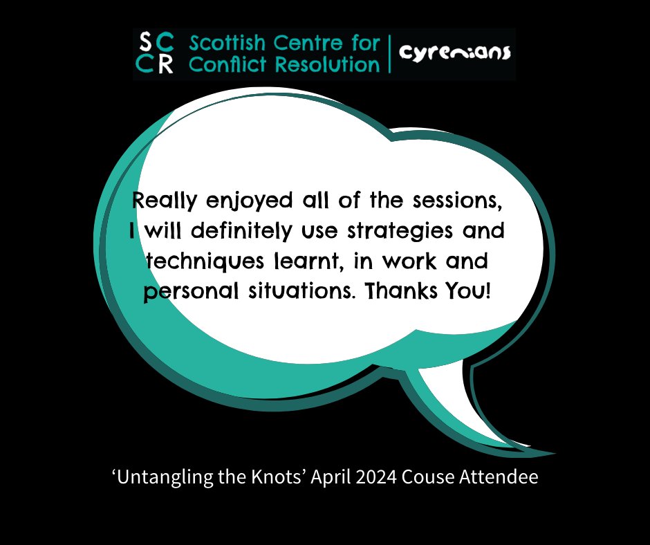 Another great course of online Untangling the Knots finished today with attendees joining from @Aberdeenshire @RockTrust_tweet @actnforchildren @EYCP. We're running an IN PERSON UTK course in #Edinburgh next month. Full details on our website - scottishconflictresolution.org.uk/events