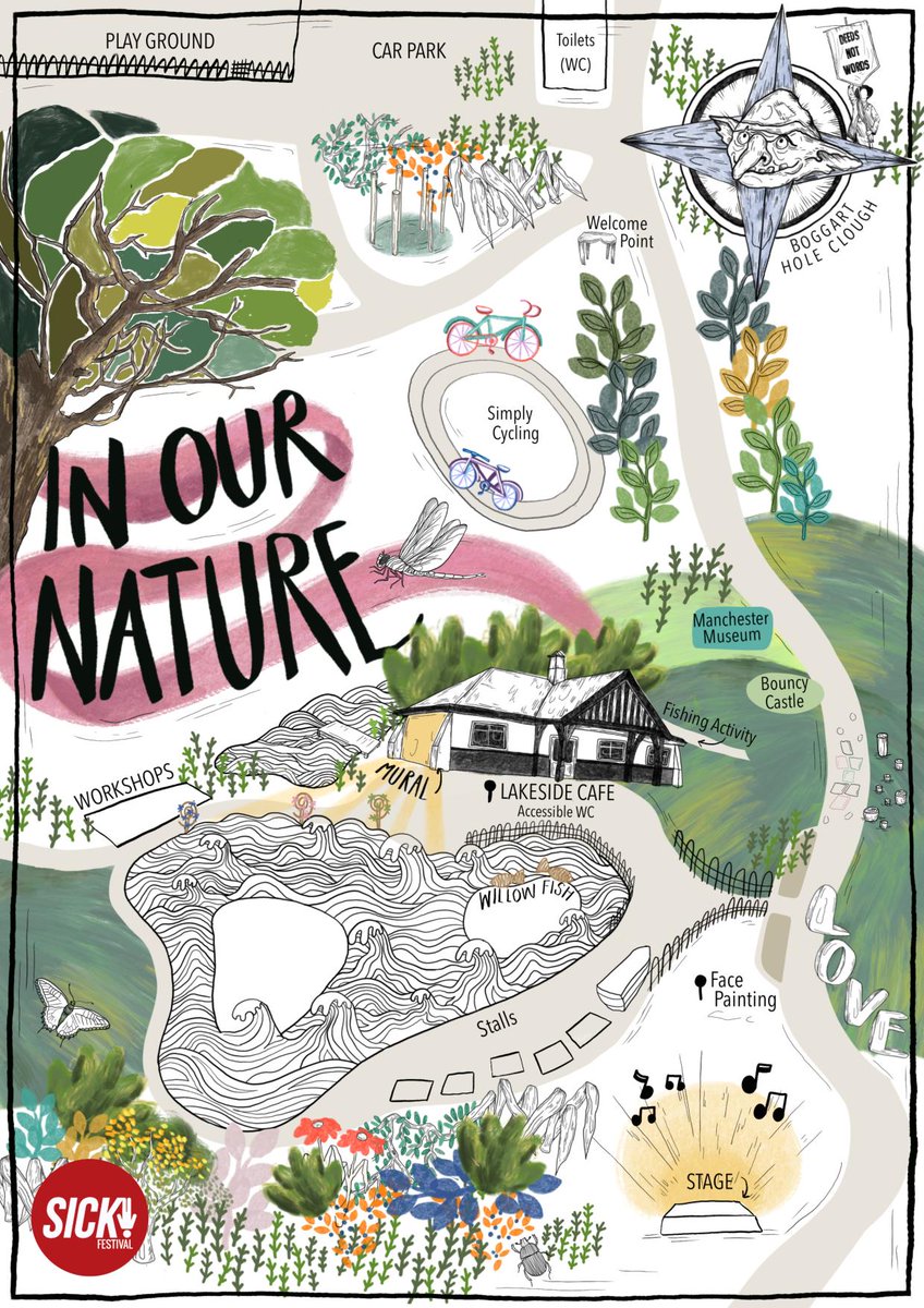 Join Sick Festival this Sunday 5th May for their FREE community day 'In Our Nature' at Boggart Hole Clough filled with activities & artworks for all ages. 💚 Here's their map with a little sneak peak of what is to come! 🌳 For more info go to: sickfestival.com/2024_event/in-… ✨