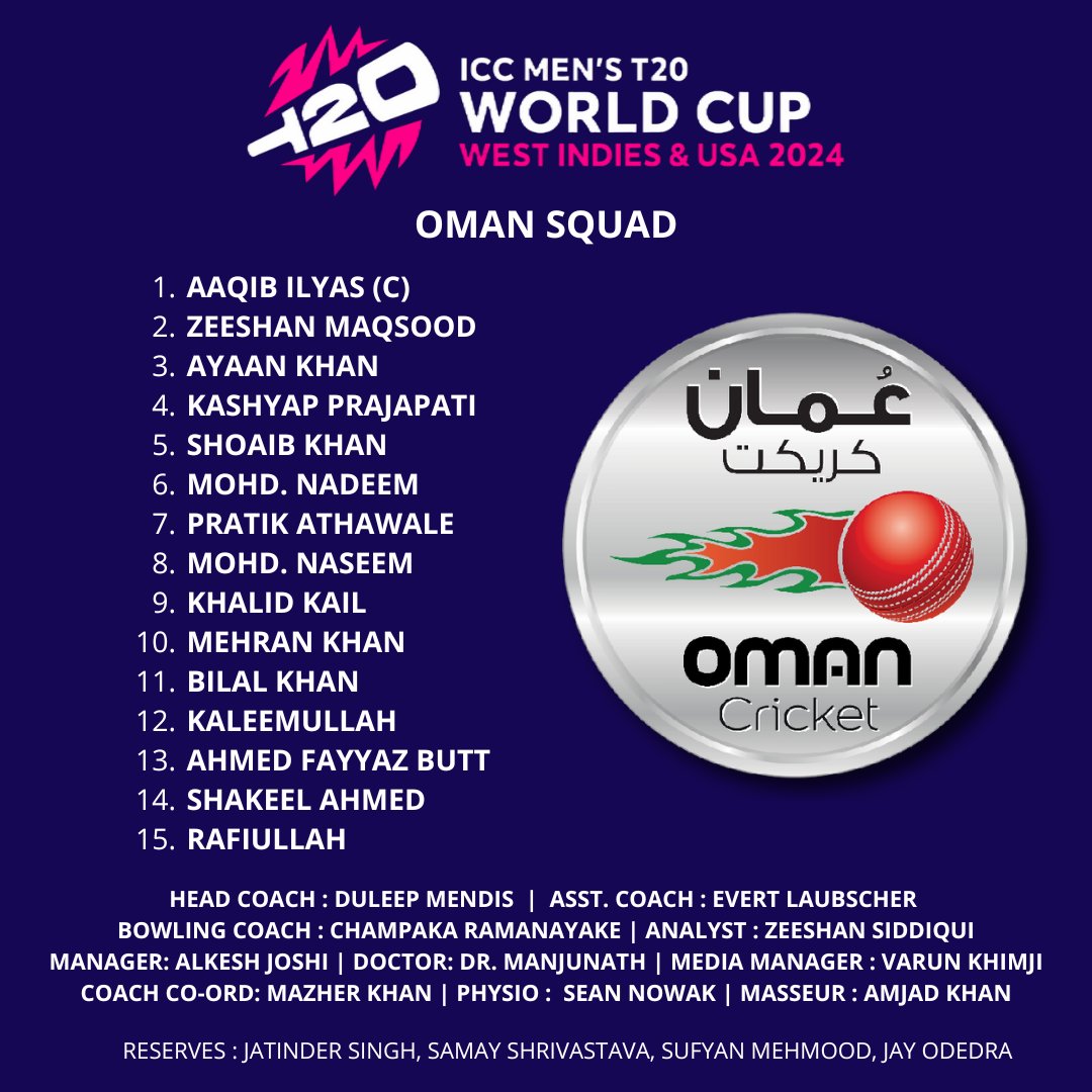 🚨 Announcement 🚨

Here's our Squad for the ICC T20 World Cup 2024! 🔥🏏

Oman 🇴🇲 will be meeting Australia 🇦🇺, England 🇬🇧, Namibia 🇳🇦 and Scotland in the Group B of the extravaganza starting 2nd June! 

More to Follow..

#OmanCricket #T20WC24 #SquadAnnouncement #Explore