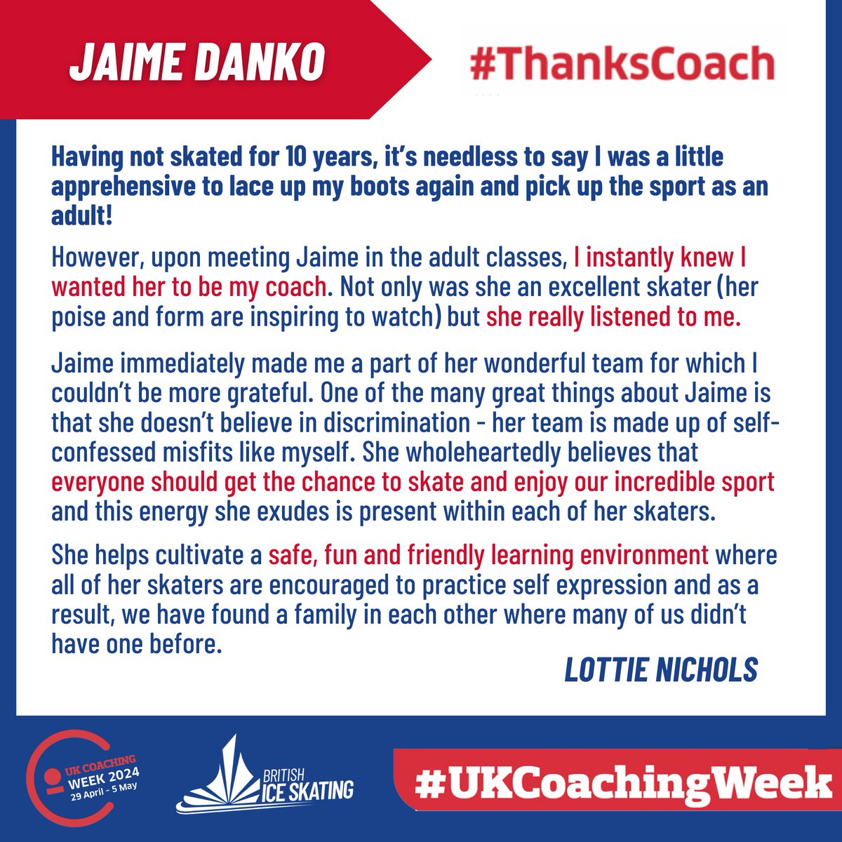 Our next #UKCoachingWeek2024 shout out is for Jaime Danko based in Chelmsford! Thank you for all your hard work and for helping make the skating community welcoming and inclusive 🙌

#ThanksCoach #UKCoachingWeek #CoachingHeroes #MakingADifference #HolisticCoaching