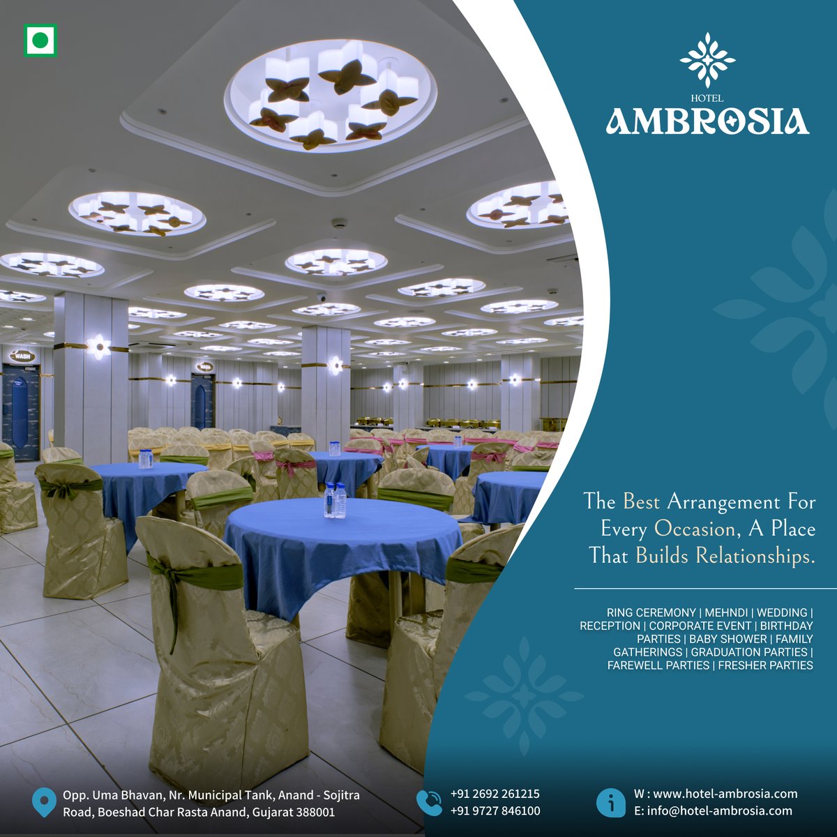 The Best Arrangement For Every Occasion, A Place That Builds Relationships.

#Ambrosia #Ambrosiarestaurant #banquet #Rooms #UmaBhavan #anand #tastyfood #yummyfood #celebrations #partiesandevents #lifeevents #decorations #Ringceremony #birthdaycelebration