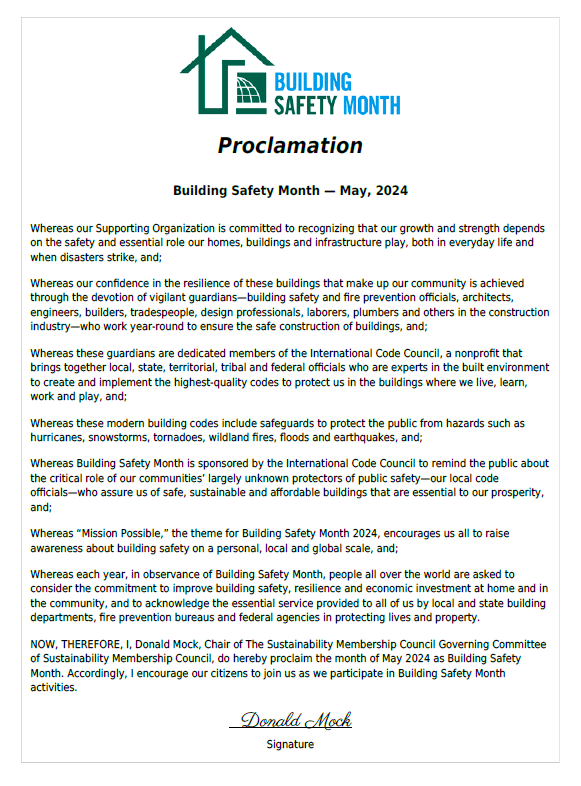 Building Safety Month is here - and the Sustainability Membership Council is excited to announce our support for the great members that make our communities safe and resilient.
Add your Proclamation and Share your location - voice your commitment...
#buildingsafety365 #ICC_SMC