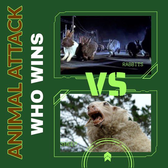 Animal Attack: Who is the deadliest animal Tournament : Round 1 The winning character moves on to the quarterfinals. Who's your choice? Rabbits “Night Of The Lepus“ vs Sheep  “Black Sheep” #LabourDay #MayDay #FilmX #games #HorrorCommunity