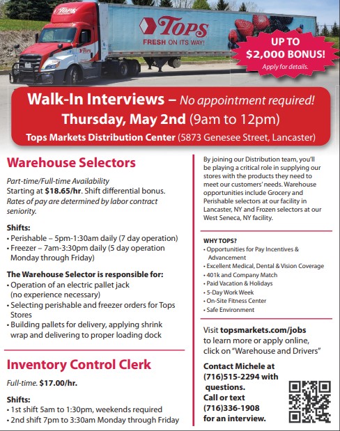 Erie County Personnel (@ecpersonnel) on Twitter photo Attention Job Seekers. <a href="/TopsMarkets/">Tops Markets</a> is hosting walk-in interviews tomorrow, May 2nd, at their Lancaster distribution center. Check out topsmarkets.com/jobs for more info! Attention Job Seekers. <a href="/TopsMarkets/">Tops Markets</a> is hosting walk-in interviews tomorrow, May 2nd, at their Lancaster distribution center. Check out topsmarkets.com/jobs for more info!