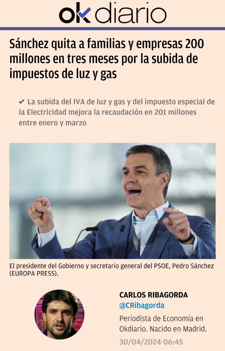 🇪🇸 | Sánchez quita a familias y empresas 200 millones en tres meses por la subida de impuestos de luz y gas.