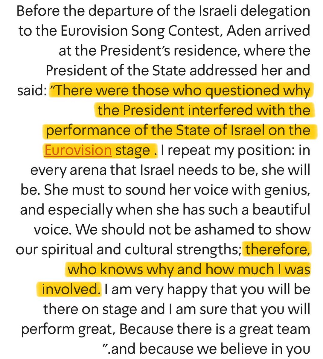 Disappointed to see some outlets and bloggers covering 🇮🇱 yesterday, when they previously hadn’t. The President boasting about his intervention in Eurovision should have been the wake-up call to not platform the already politically-charged song. 🔗 israelhayom.co.il/culture/music/…