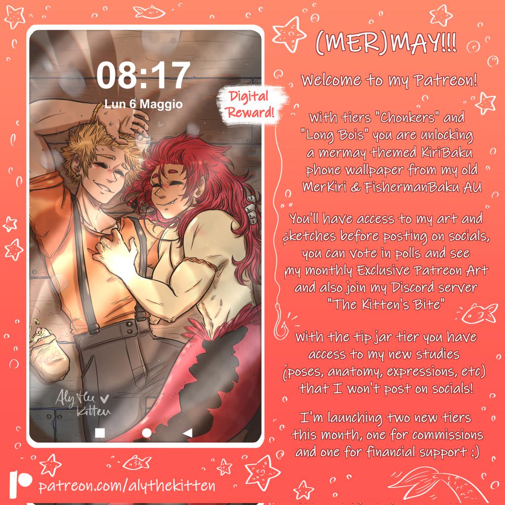 New month on Ptrn!!! 💕 Here's a preview of (mer)May phone wallpaper for tiers 'Chonkers' and 'Long Bois' and the two new tiers 'Pet me' and 'Art paws'! You can find the link in my Carrd (in bio!) I missed my mermay Au 🥹💕