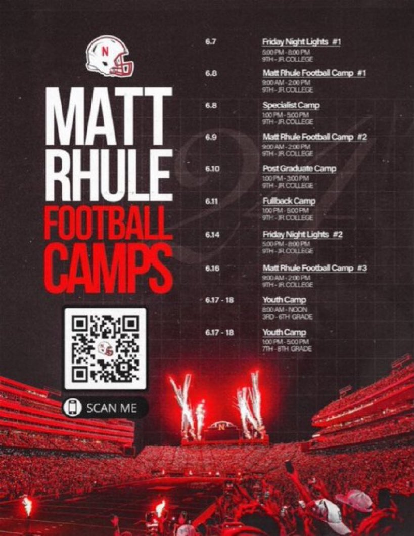 Earn your spot! Our camp history PROVES this is an opportunity for you to be a Future Husker! Competitors Only! mattrhulefootballcamps.com