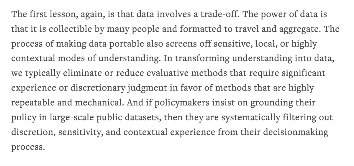 This is brilliant (shout out to the @ConnectedByData newsletter for highlighting it) Have had an essay in my drafts for ages, 'In Defence of Discretion', speaking to exactly these anxieties about what is lost in the logic of algorithmic decision-making issues.org/limits-of-data…