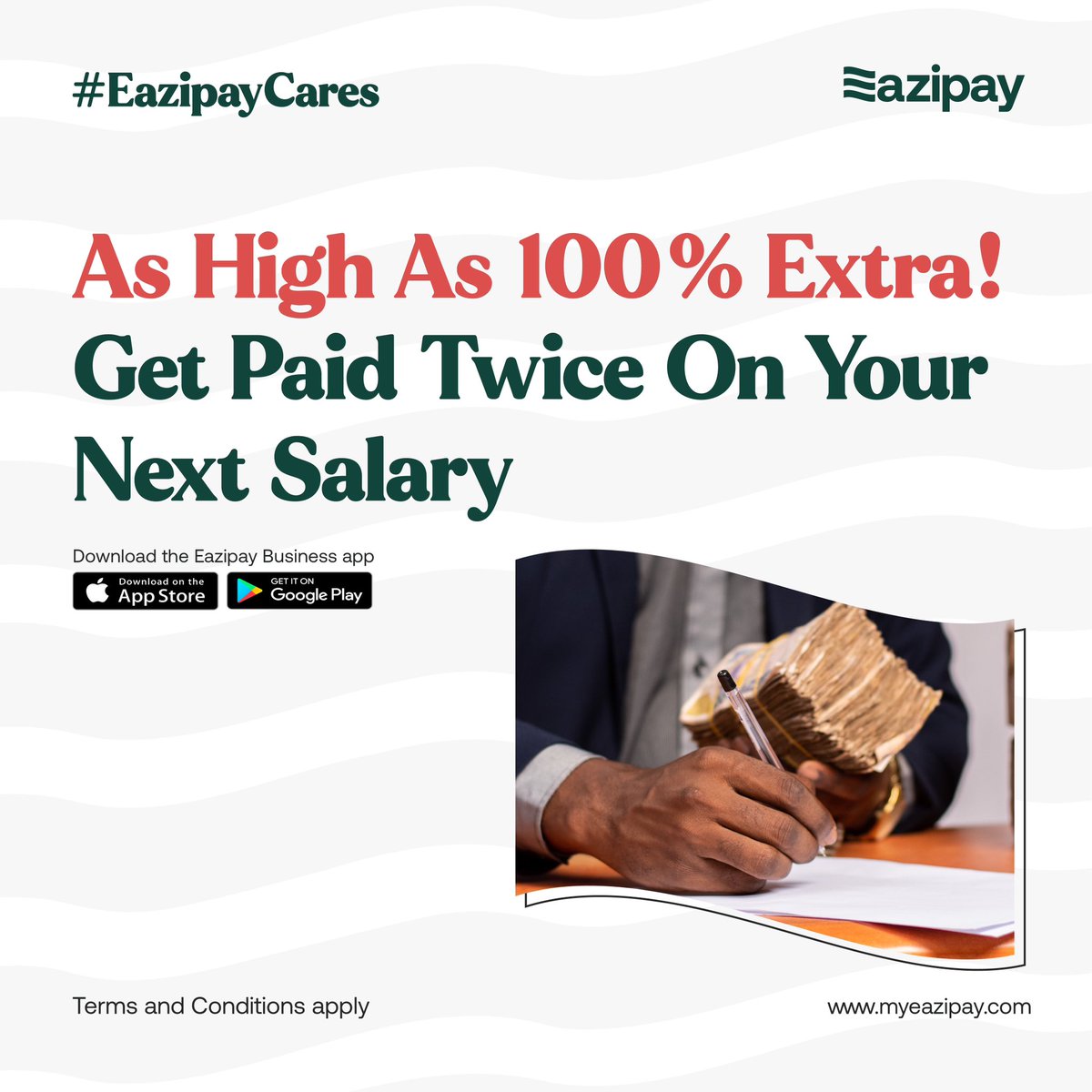 Make sure you don't miss the chance to earn some extra cash this month!  

Visit myeazipay.com to find out how you can get 100% extra on your salary. 

It could be the perfect Workers Day gift for you! #EazipayCares #WorkersDay