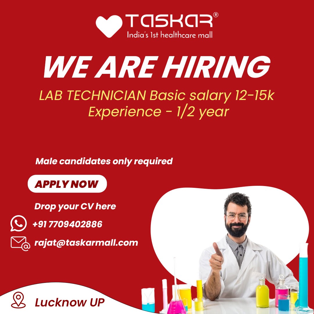 We are Hiring, Lab Technician. For apply contact to our HR Team 
.
.
.
.
#taskar #hr #job #labtechnician #clinic #lab #vacancy #jobvacancy #hiring #hiringnow #lucknow