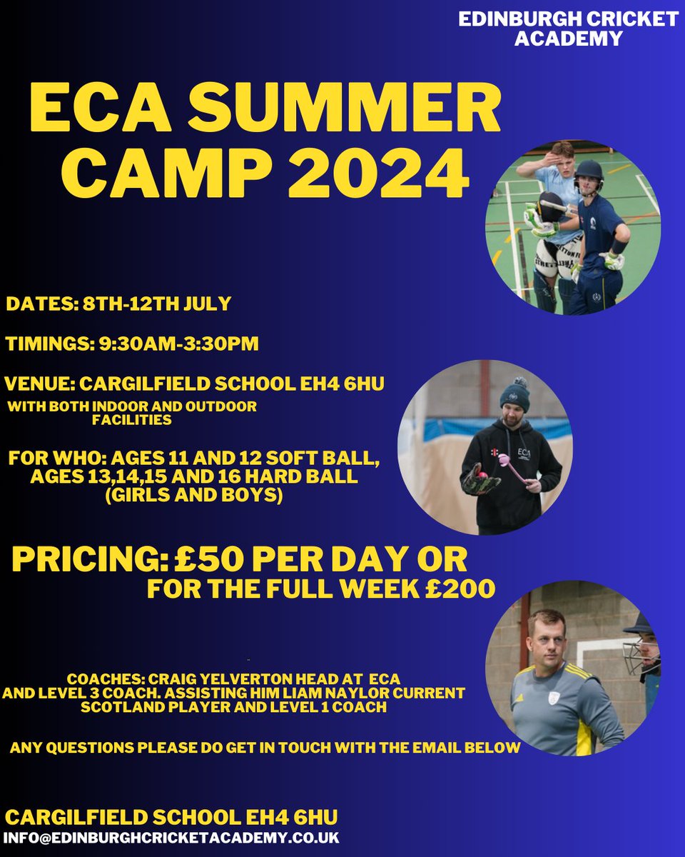 Sign ups for summer camp are now open! 🎉 Want to level up your game this summer? We're running camps for all junior age groups 😄 Get involved at info@edinburghcricketacademy.co.uk ✉️