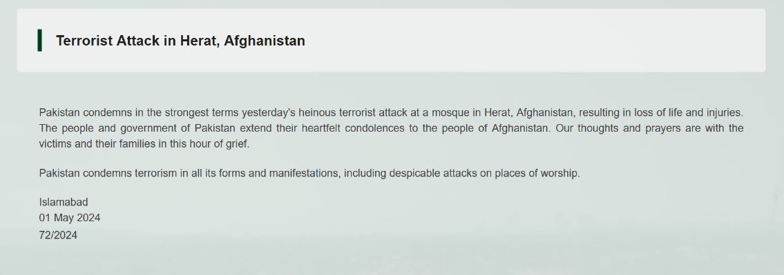 🔊: PR NO. 7️⃣2️⃣/2️⃣0️⃣2️⃣4️⃣

Terrorist Attack in Herat, Afghanistan 

🔗⬇️ 

mofa.gov.pk/press-releases…