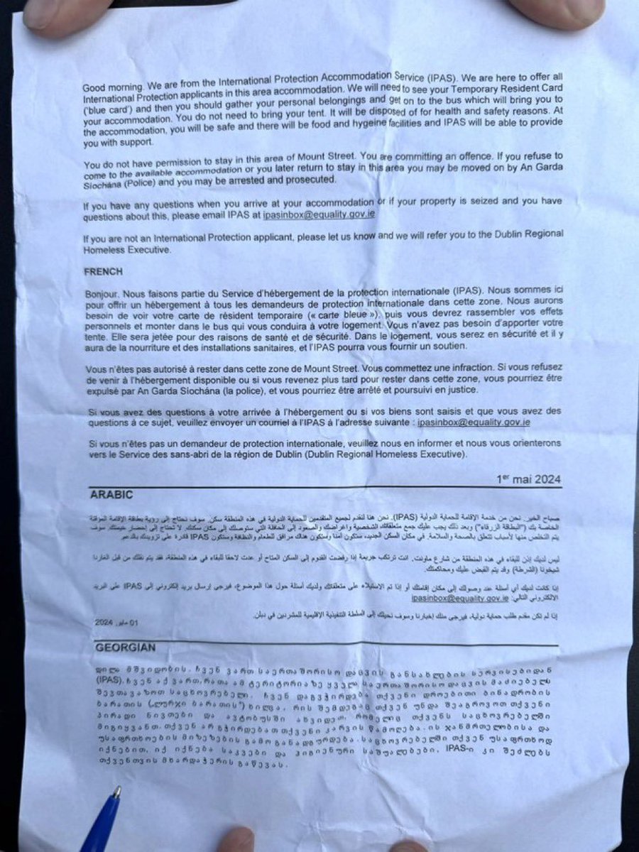 Letter handed to IP Asylum Seekers before being moved out of Mount Street warning if they return to #MountStreet they will be arrested. Dumped in rural villages. Out of sight, Out of mind. Not fixing the problem, just moving it down the road. #crooksling #Newtownmountkennedy