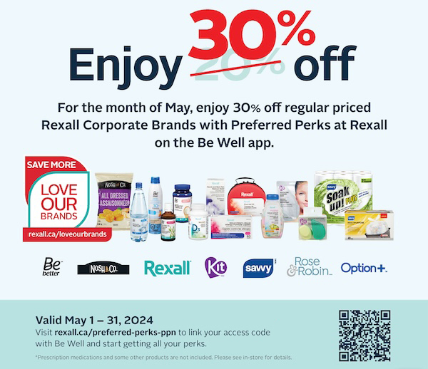 Extra PPN Savings on Rexall Brands in May! Members can enjoy 30% off regular priced Rexall Corporate Brands with Preferred Perks at Rexall on the Be Well app: rexall.ca/preferred-perk… #rexall #preferredperks #preferredpartner