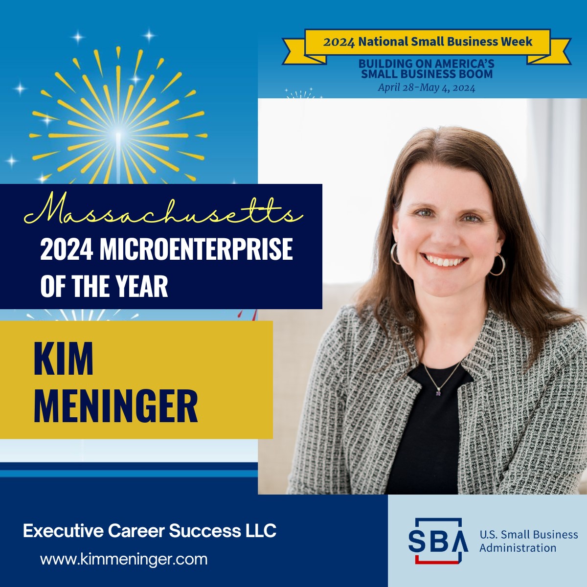 🏆 Congratulations! The 2024 #Massachusetts Microenterprise of the Year is Kim Meninger, Founder of Executive Career Success LLC #SmallBusinessWeek