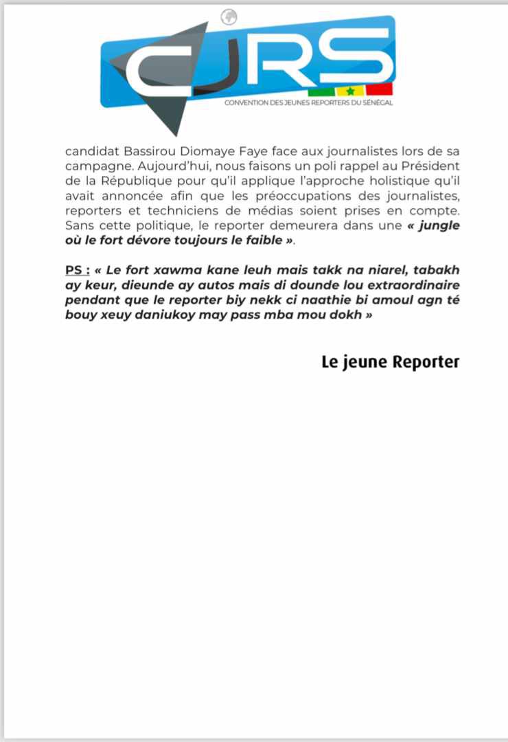 #Reportersdanslamisère Édito: réponse au Patronat Au Sénégal les jeunes journalistes soufrent. Stages éternels, des prestataires à vie, salaires misérables,conditions de travail difficiles❌ Nous réclamons l’application de la convention collective🙏🏾