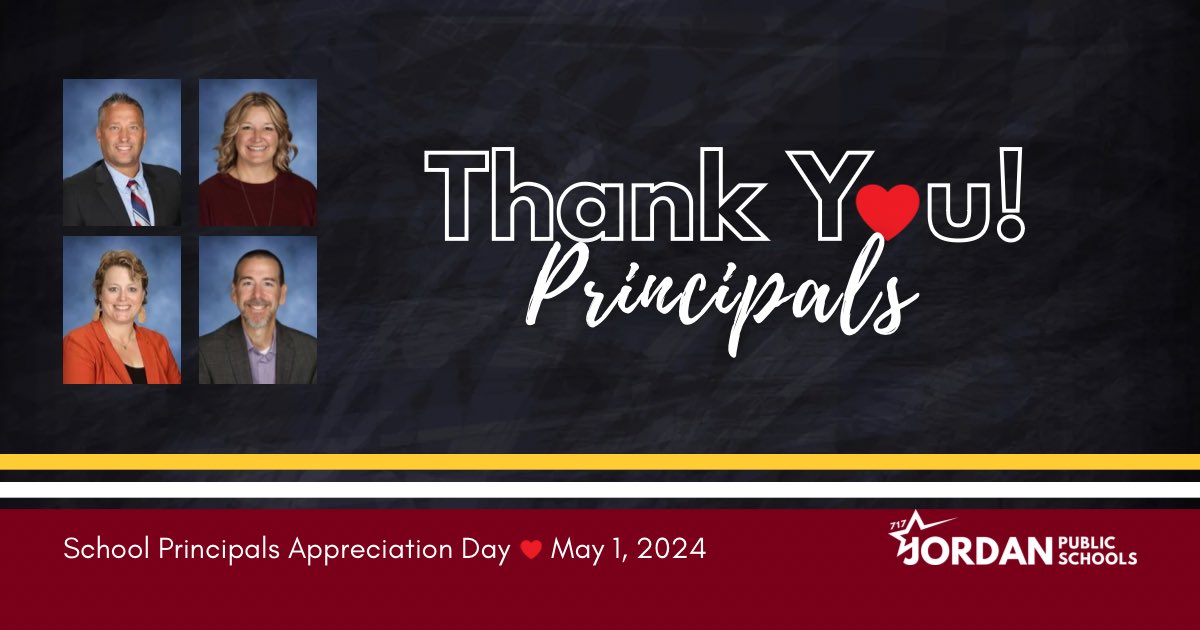 On National School Principals Day, we want to say a big THANK YOU to Principal Bakeberg, Principal Barnett, Substitute Principal Gulbranson and Principal Vizenor for everything they do for our students and staff! #JordanPride #ThankYouPrincipals #SchoolPrincipalsDay