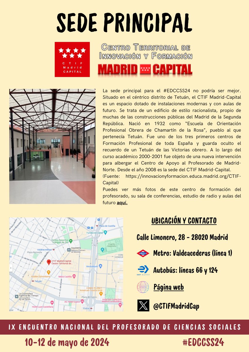 Os recordamos que las ponencias, píldoras y talleres del #EDCCSS24 del sábado 11 de mayo se desarrollarán en el @CTIFMadridCap. 📍Calle Limonero, 28 - Distrito de Tetuán (Madrid) 🚇 Metro: Valdeacederas (línea 1). 🚌 Autobús: líneas 66 y 124.