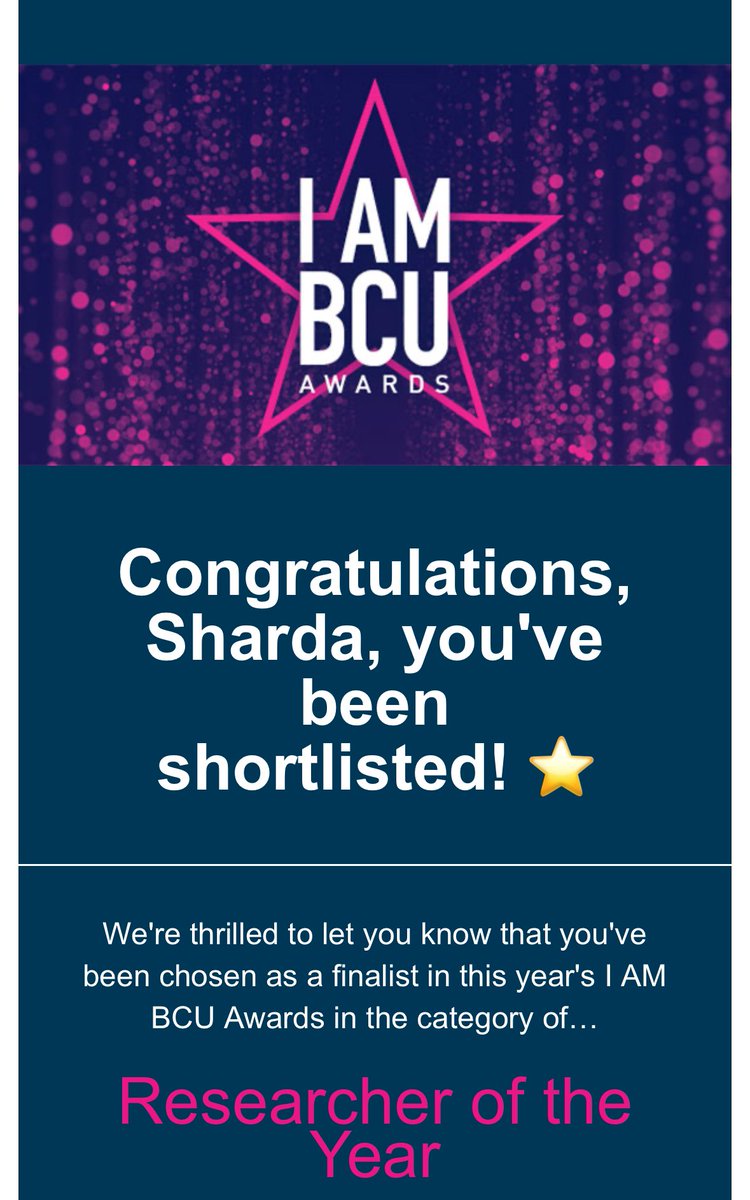 Great to see that our Policing Course Leader @Sharda_24 has been shortlisted for Researcher of the Year for her research in stop and search, community scrutiny and BWVs 👏 #ResearchLedTeaching @MyBCU