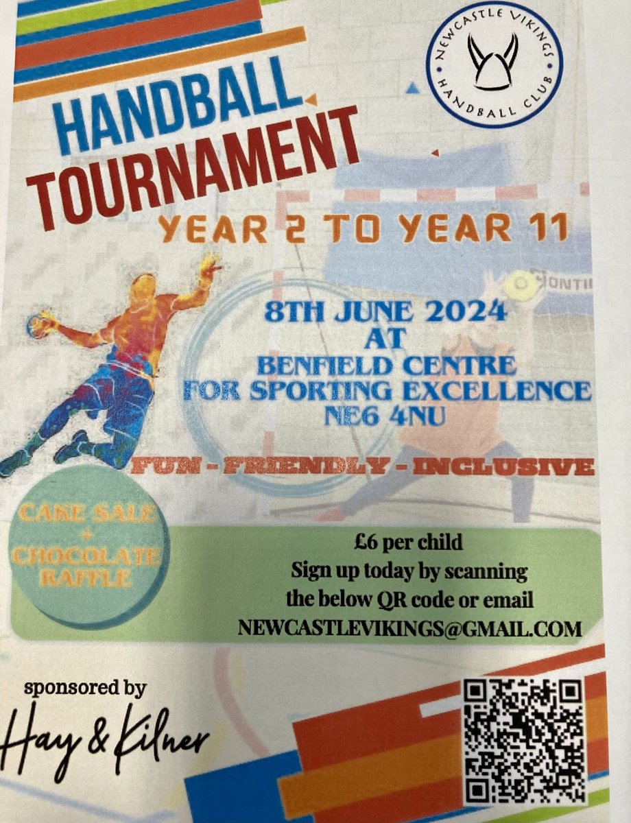 📢#newcastle📢 @NVHandball are holding a fun, friendly & inclusive Handball 🤾🏼‍♂️🥅🤾Tournament for young people in Yrs2-11. It’s happening on the 8th June at Benfield Centre of Sporting Excellence. See attached poster & use the QR code & email address for more details-£6/player