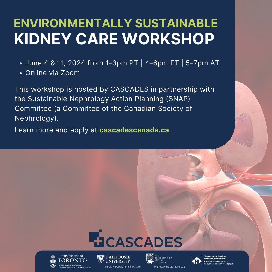 🌱Join @CASCADES_en & @CSNSCN SNAP Committee for a journey towards #sustainable kidney care, exploring the link between #climatechange & kidney disease. Discover strategies to reduce the environmental impact of #kidneycare in two interactive sessions. 🔗 bit.ly/44g0kQM