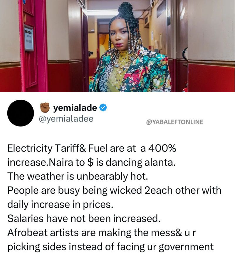 Celebrities are fight!ng and you are picking sides instead of facing your government - Yemi Alade queries Nigerians.