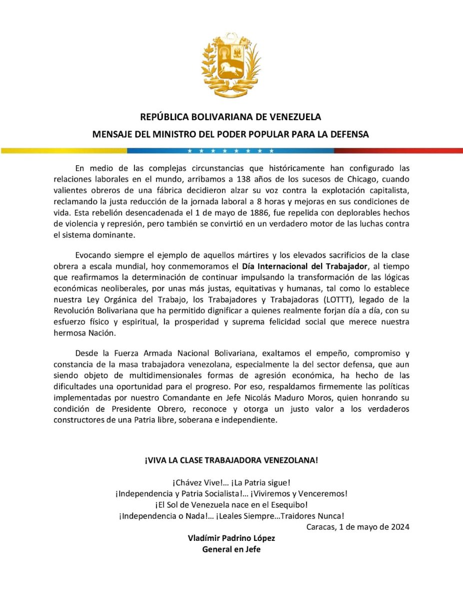 #1May Mensaje de nuestro GJ. Vladímir Padrino López en ocasión de Conmemorarse el Día Internacional del Trabajador. #MayoDeTransformación