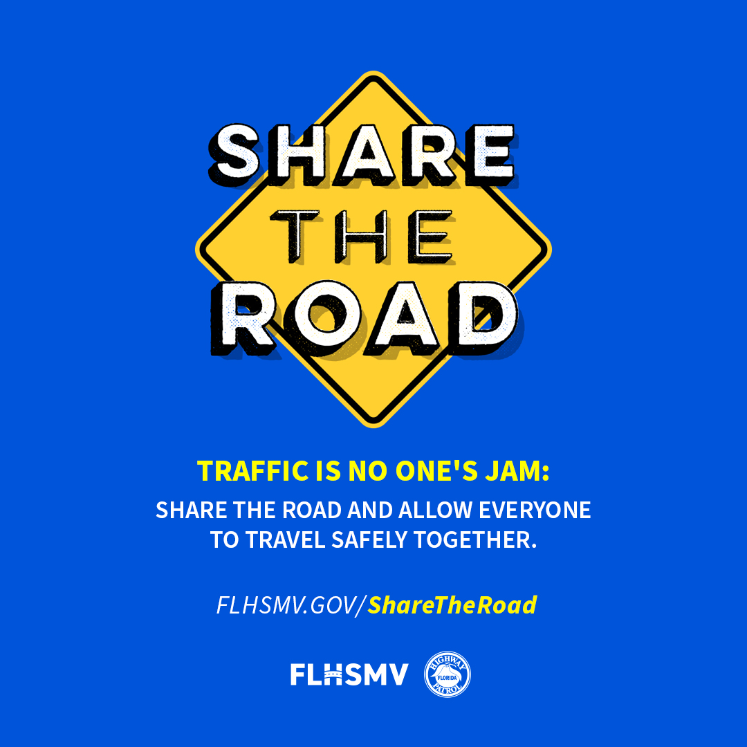 Traffic is No One’s Jam: Share the Road and Allow Everyone to Travel Safely Together ~FLHSMV’ S May Public Safety Campaign Focuses on the Importance of Sharing the Road for Safe Travel in Florida~ bit.ly/4dnesfc