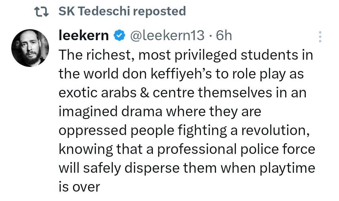 'I'm not white, I'm Jewish'  followed by 'professional police force will safely disperse them' should tell you everything.

Please wear your keffiyeh !!!! The only time you can't wear it is if you bothsides out your mouth or suggest 'peace'... Palestine came for liberation.