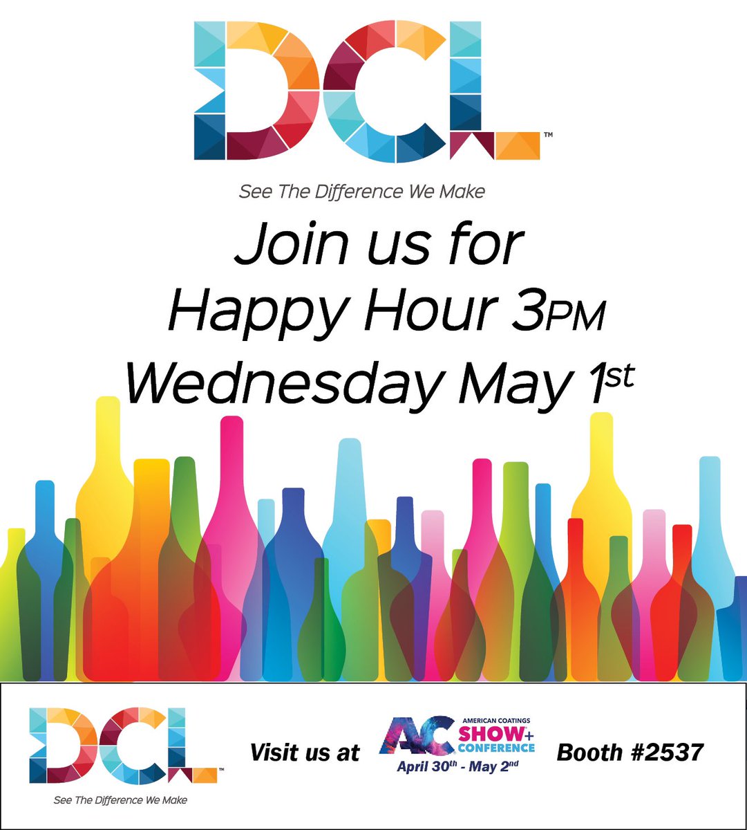 Today!! Visit DCL in booth #2537 Wednesday May 1st between 3-5pm.
#happyhour #coatingsinnovation #DCL #ACS #ACS2024 #DCLatACS #pigments #color #coatings #IndustryExperts #AmericanCoatingsConference #CoatingsIndustry #coatingsknowledge #AmericanCoatingsShow24 #AmericanCoatingsShow