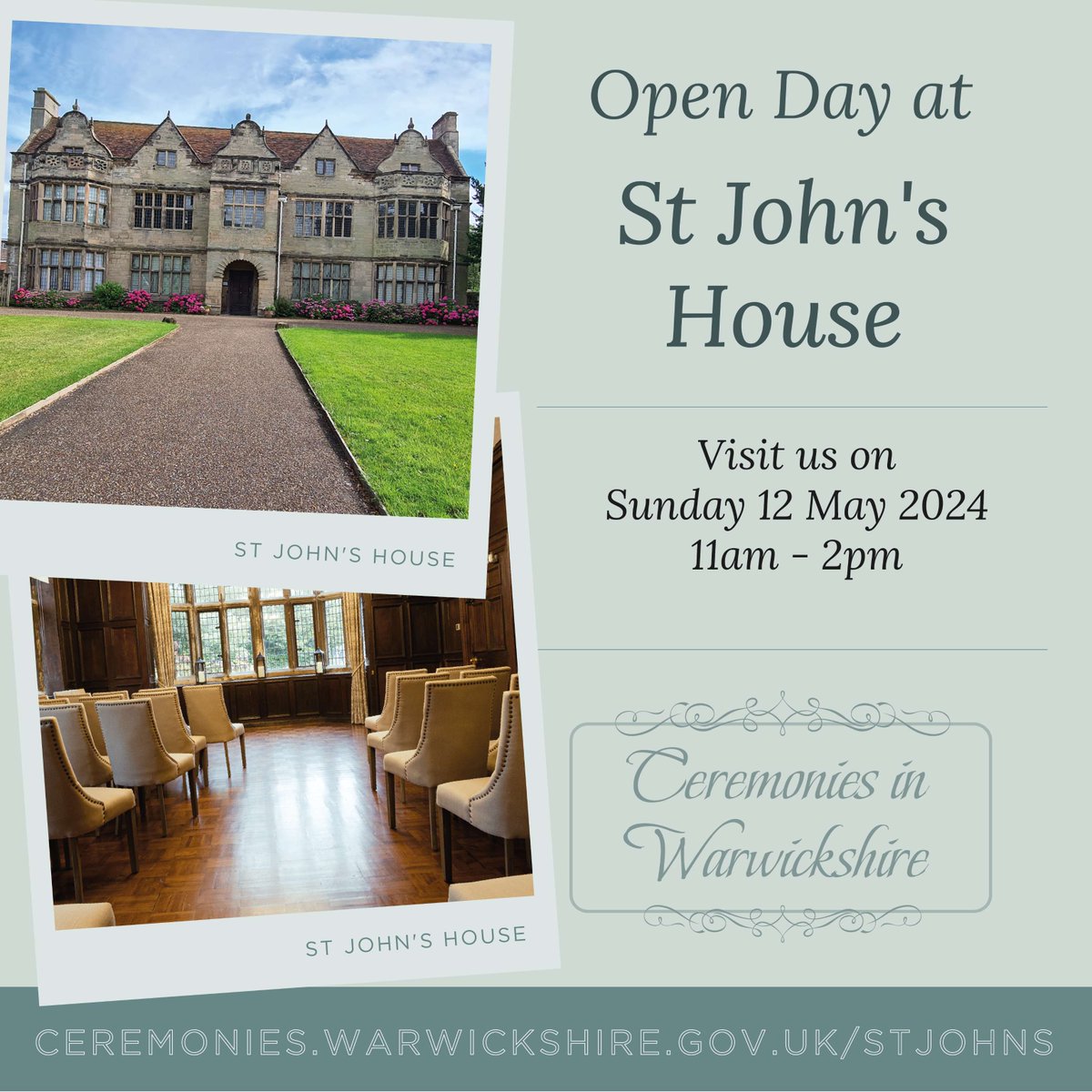 On Sunday 12 May between 11am – 2pm, visit #Warwick's Jacobean mansion ceremony venue, St John's House, and enjoy a free tour and a chat with our Registration Services team about your upcoming ceremony plans. Find out more: warwickshire.gov.uk/news/article/5…