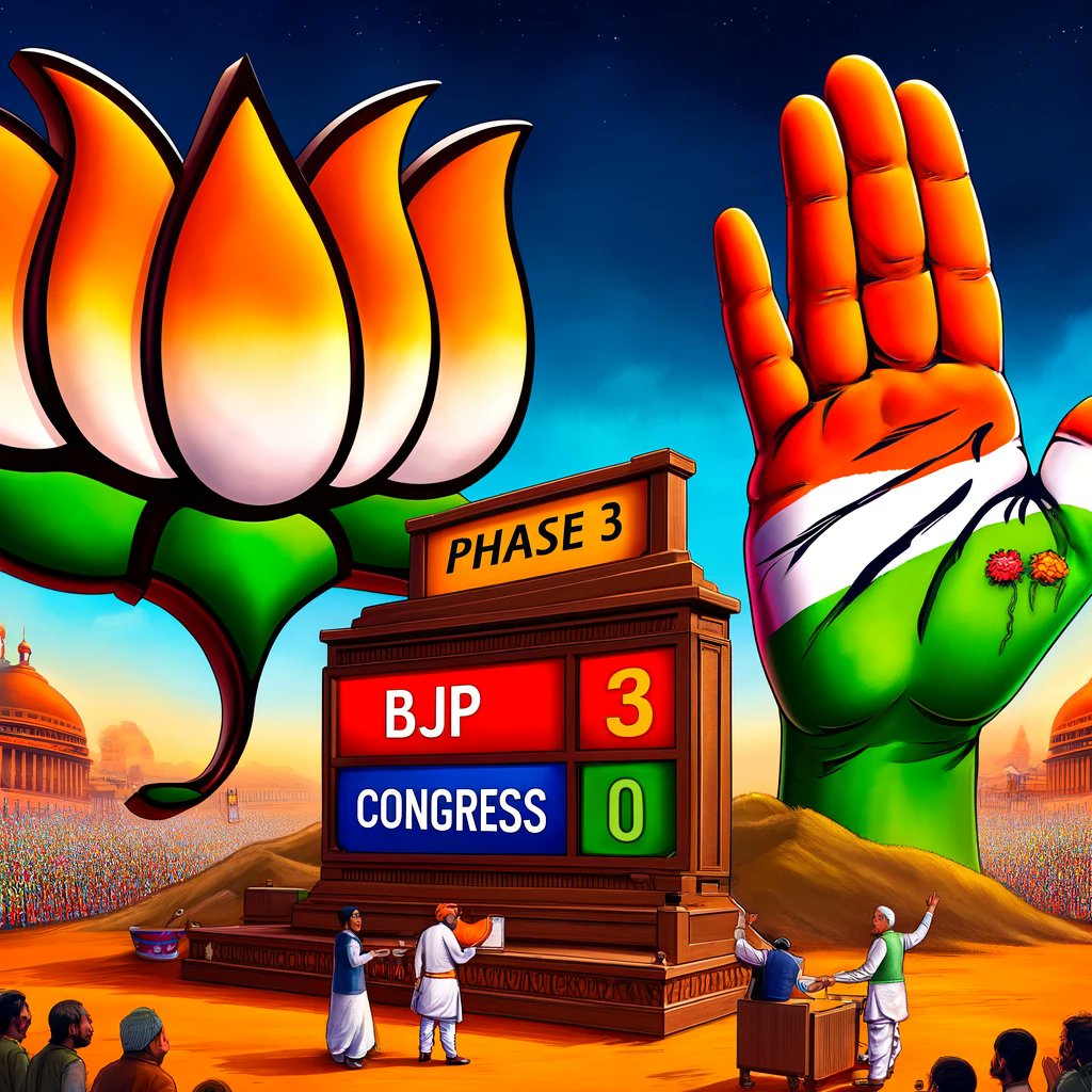 #AbkiBaar400Paar 
🌸 Phase 3 Scorecard:
 BJP - 3 😊, Congress - 0 😢