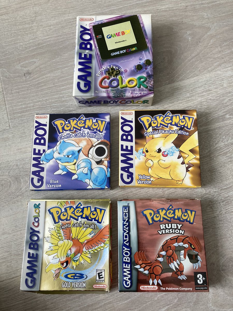 Inspired by seeing a Pokémon post this morning from @GeekyN8, I thought I’d share my old school boxed Pokémon games from the #GameBoy, #GameBoyColor, & #GameBoyAdvance. Also with my original transparent purple GameBoy color console which still works. 😊 #Pokemon #Retrogaming