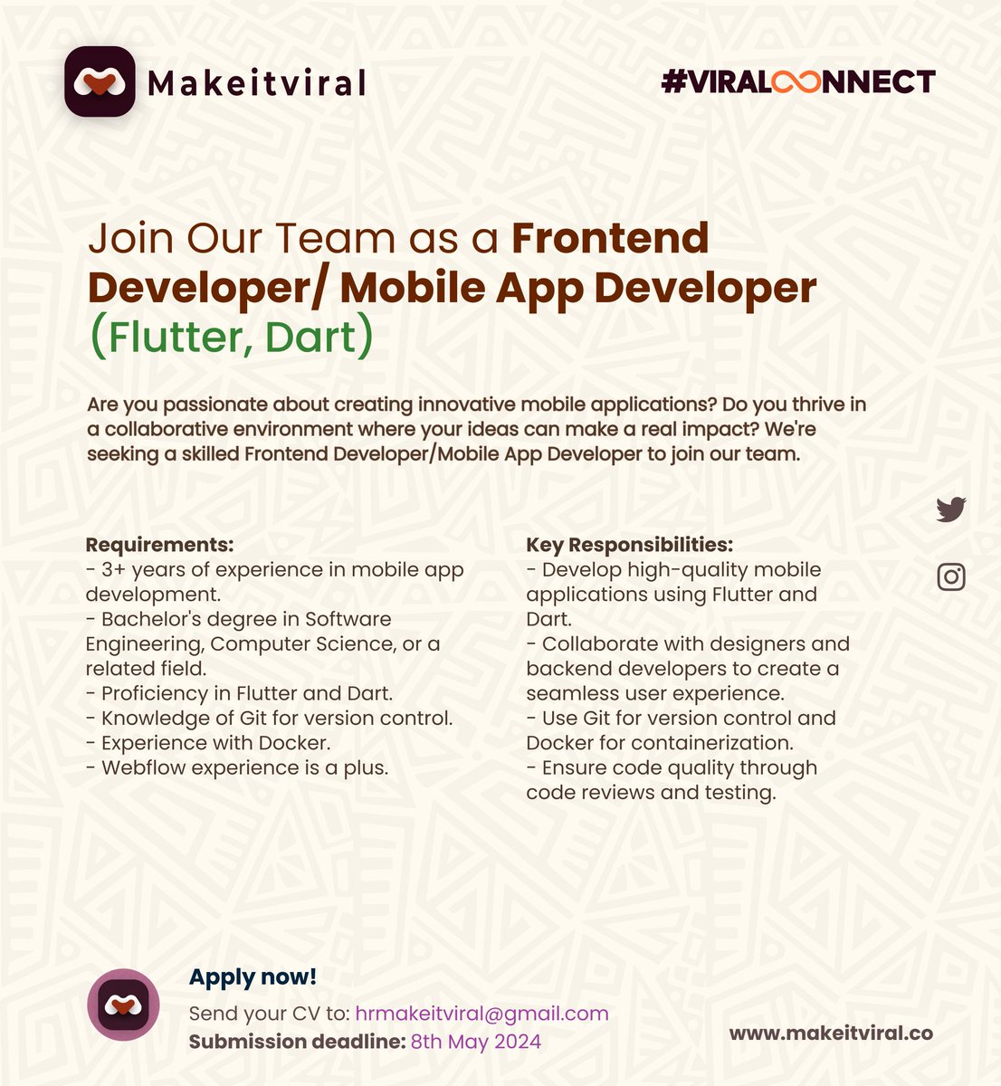 JOBALERT 🚨 
@makeitviralHQ is currently hiring a backend developer and a  frontend developer. 
Kindly apply or reshare with someone who qualifies. 

#jobclinicug #jobs #ApplyNow #hiring  #jobseekers #careers