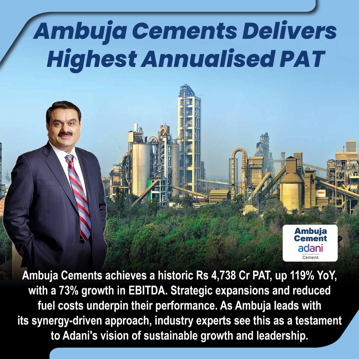 Ambuja Cements' operating EBITDA for FY24 jumps 73% YoY to Rs 6,400 Cr, reflecting a commitment to operational efficiency.
#AmbujaCement #AdaniCement #Adani