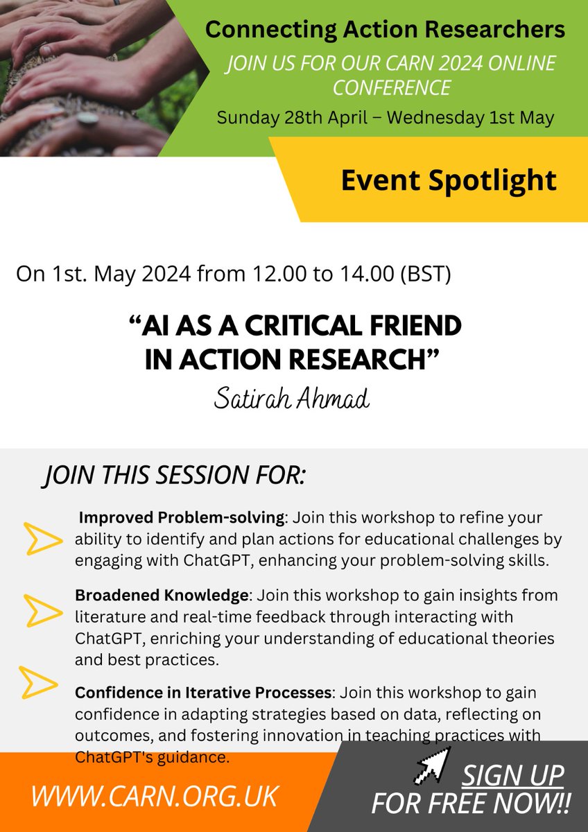 Dr Satirah Ahmad will be conducting a workshop tonight (1 May 2024) at 9 p.m. on “AI as a critical friend in action research”. universityofleeds.zoom.us/j/84984680441 #CARN24 @CARN_Intl