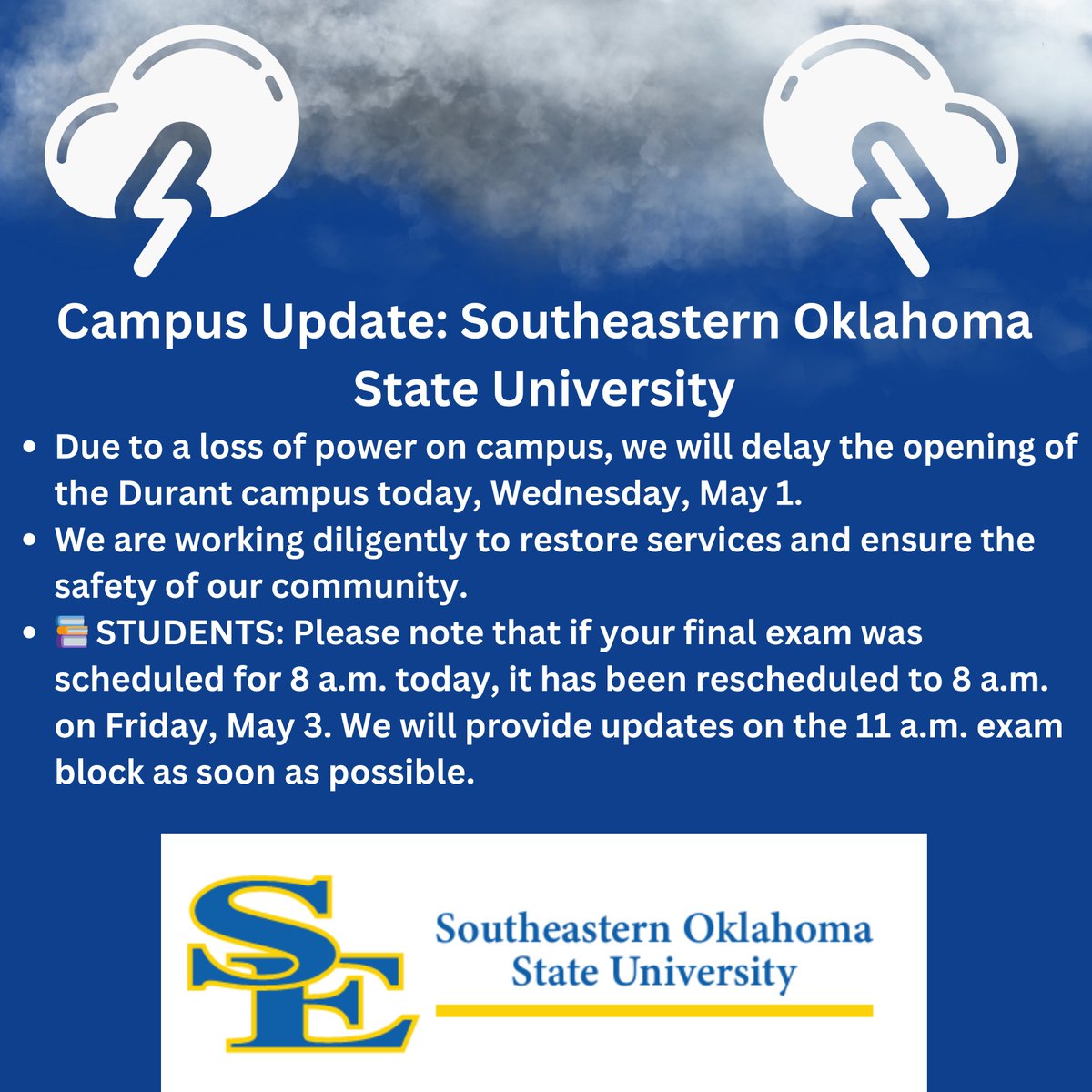 🚨 Update: Campus opening delayed today (May 1) due to power outage. Essential employees, please report as scheduled. 📚 Students: 8 a.m. final moved to 8 a.m. Fri, May 3. More info on 11 a.m. exams coming soon.