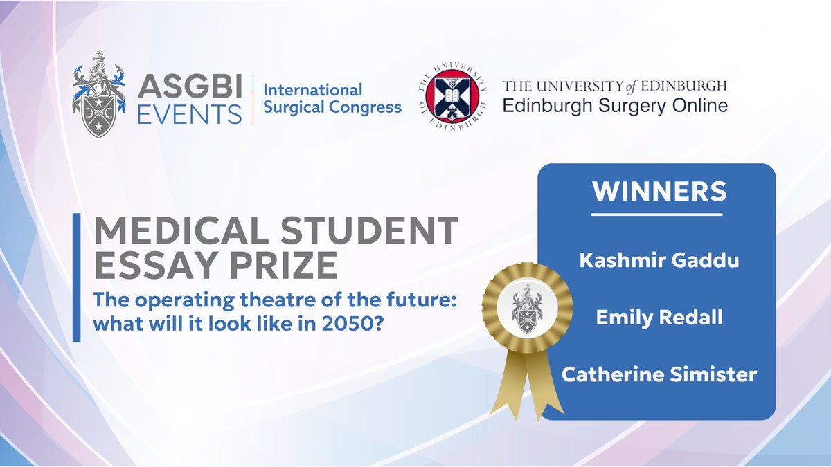 ASGBI (@asgbi) on Twitter photo Congratulations to the winners of our Medical Student Essay Prize, Kashmir Gaddu, Emily Redall and Catherine Simister.
Thank you to <a href="/edinsurg_online/">Edinburgh Surgery Online</a> for sponsoring this year's prize, don't forget to visit them at our #ASGBI2024 exhibition! Congratulations to the winners of our Medical Student Essay Prize, Kashmir Gaddu, Emily Redall and Catherine Simister.
Thank you to <a href="/edinsurg_online/">Edinburgh Surgery Online</a> for sponsoring this year's prize, don't forget to visit them at our #ASGBI2024 exhibition!