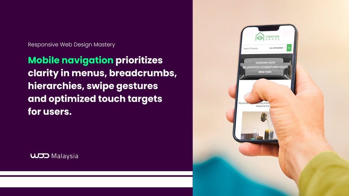 Mobile UX navigation focuses on clear menus, breadcrumb trails, and gestures for intuitive browsing, enhancing user engagement and satisfaction. 

wdd.my/blog/responsiv… 

#wddmalaysia #webdesigncompany #websitedesign #website #responsivewebdesign #webdesignmastery
