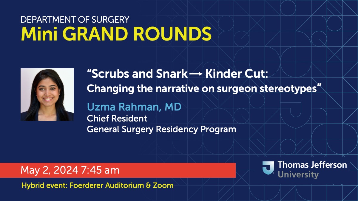 Tomorrow, May 2, @UzmaRahmanMD continues our series of Chief Resident mini #GrandRounds. Following residency, Dr. Rahman will head to Johns Hopkins for a Cardiothoracic Surgery Fellowship @HopkinsCTSurg👏 Faculty & staff receive the link via email | Recording to follow