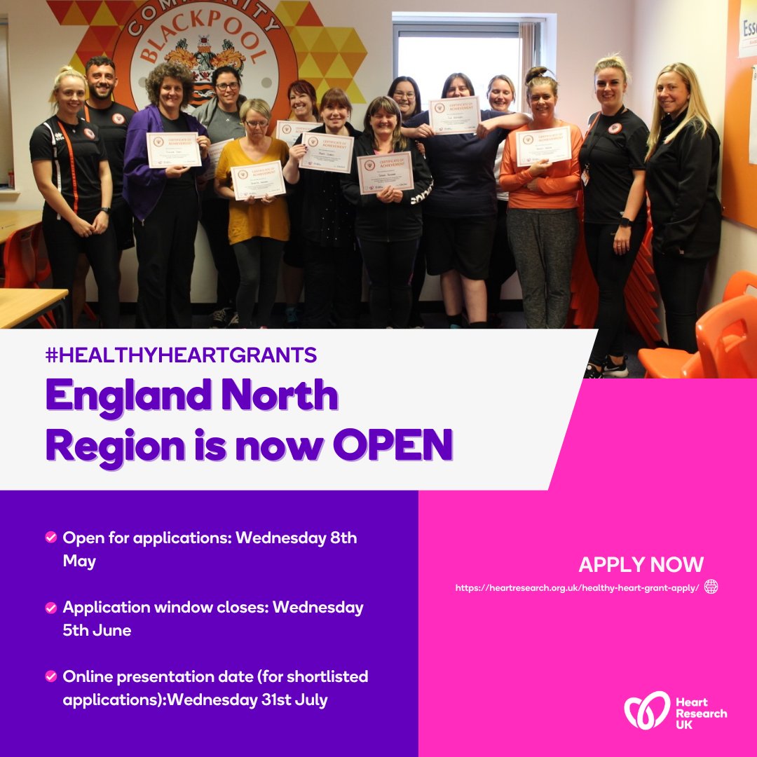 💟 Are you a CIC or small, registered charity with an annual income of less than £1 million in the England (North) region? Applications are now open for a £15,000 Heart Research UK #HealthyHeartGrant 🌟 Click the link to find out more: heartresearch.org.uk/healthy-heart-… #NorthernEngland
