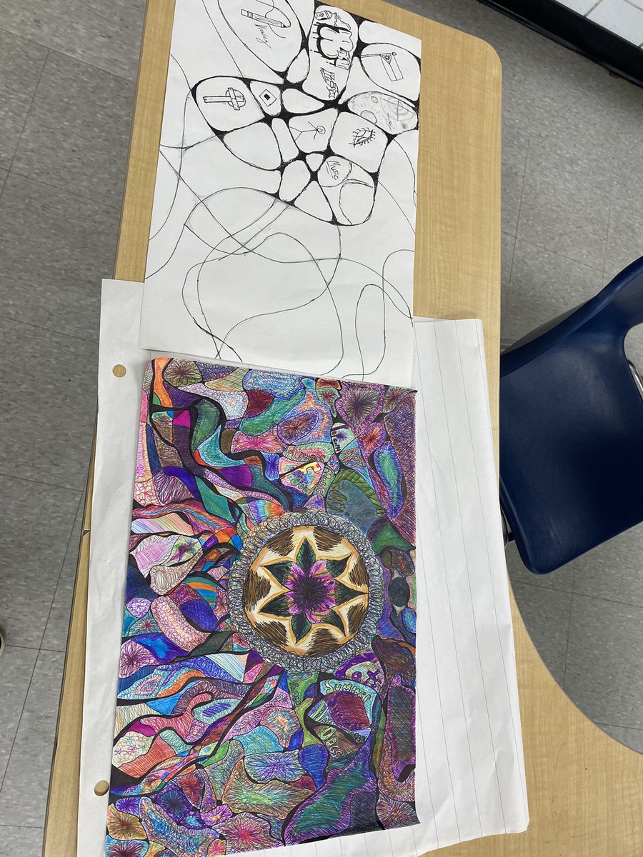 We’ve been working on some neurographic art. These big pieces will be turned into explosion books! I can’t wait to show the final pieces but these are turning out beautifully with students putting what they see in their minds about themselves into paper! @rescatholic