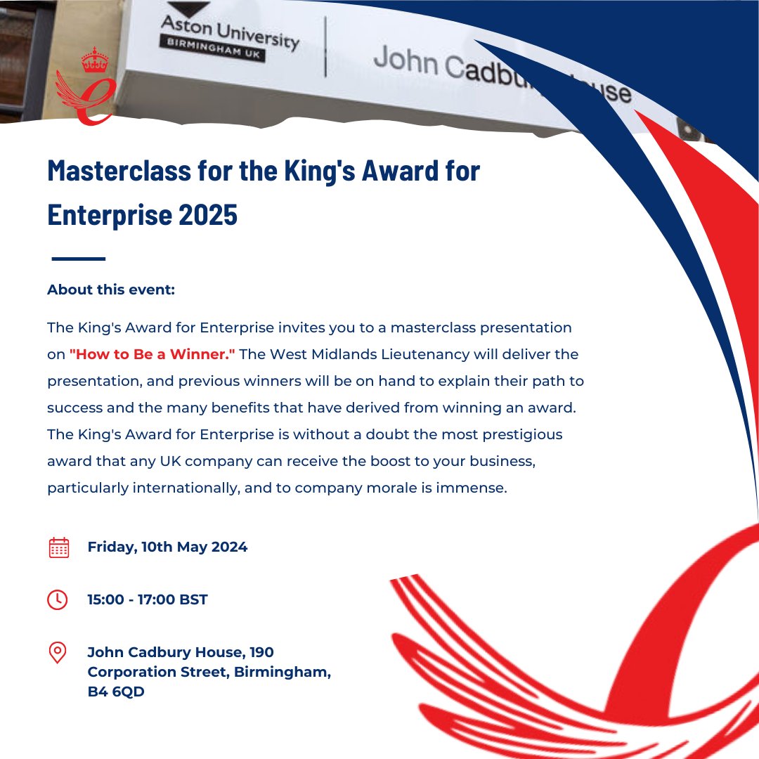 🔈 | Next week, on Friday 10th May 🗓️, 15:00-17:00 ⏲️, the @WMLieutenancy in collaboration with 🤝 @CREMEatAston, will hold a Masterclass on 'How to be a winner 💪' at John Cadbury House, @AstonUniversity. Register here: bit.ly/4d2dzsi