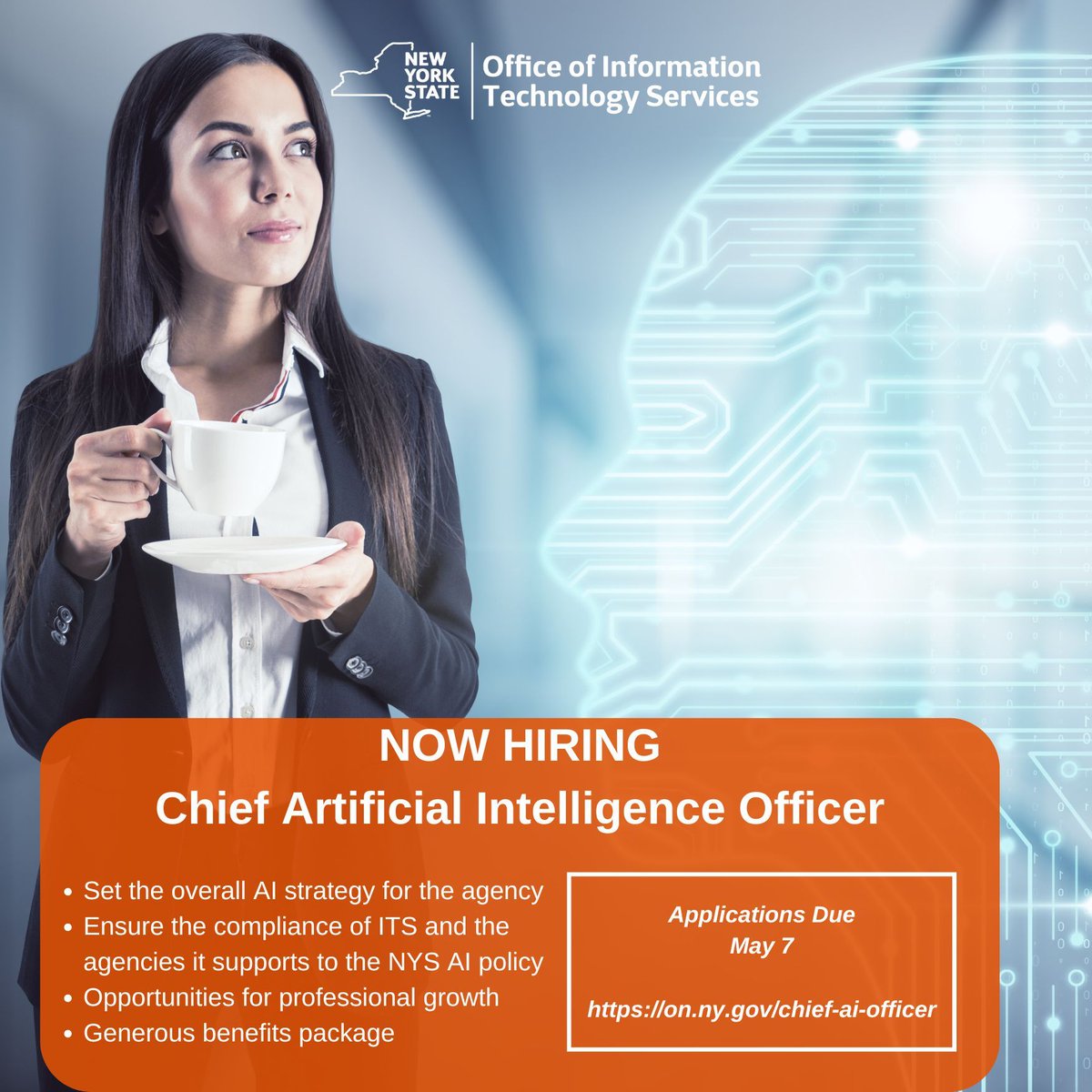 ITS is #hiring a Chief Artificial Intelligence Officer. Lead the way in the next phase of #AI for New York State and set the overall AI strategy for ITS and the agencies it supports. Apply today: on.ny.gov/chief-ai-offic…