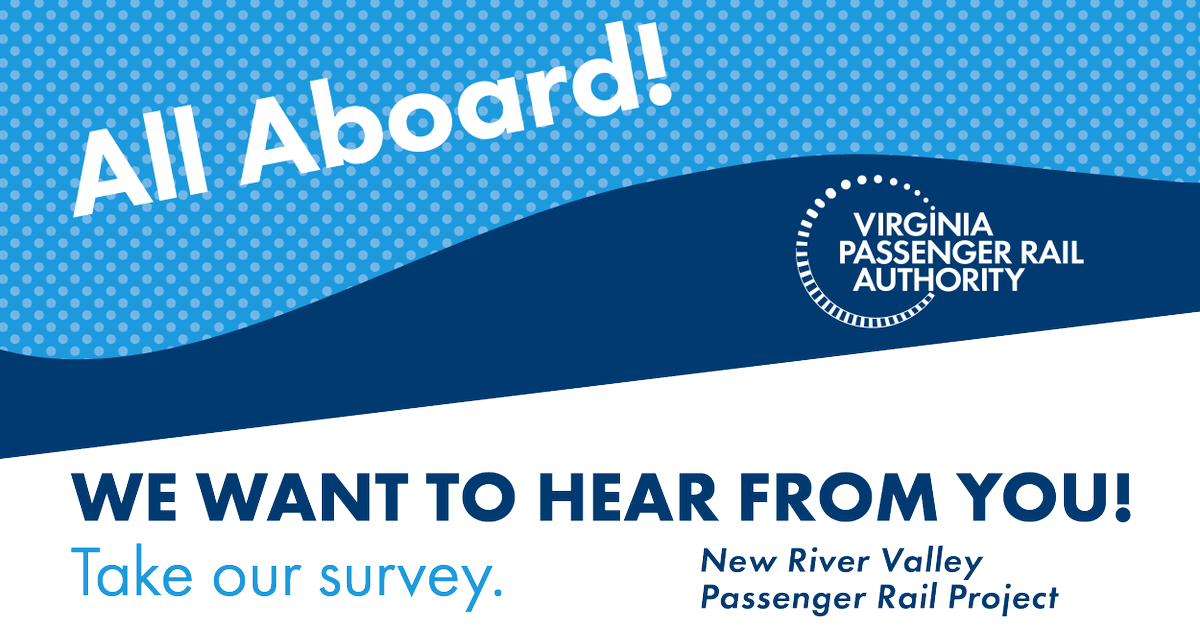 Help us bring back passenger rail to the NRV! Take our short survey on the three options for the future passenger rail extension connecting the NRV to Roanoke and help shape transportation. Learn more and take the survey to share your priorities: bit.ly/NRV2.