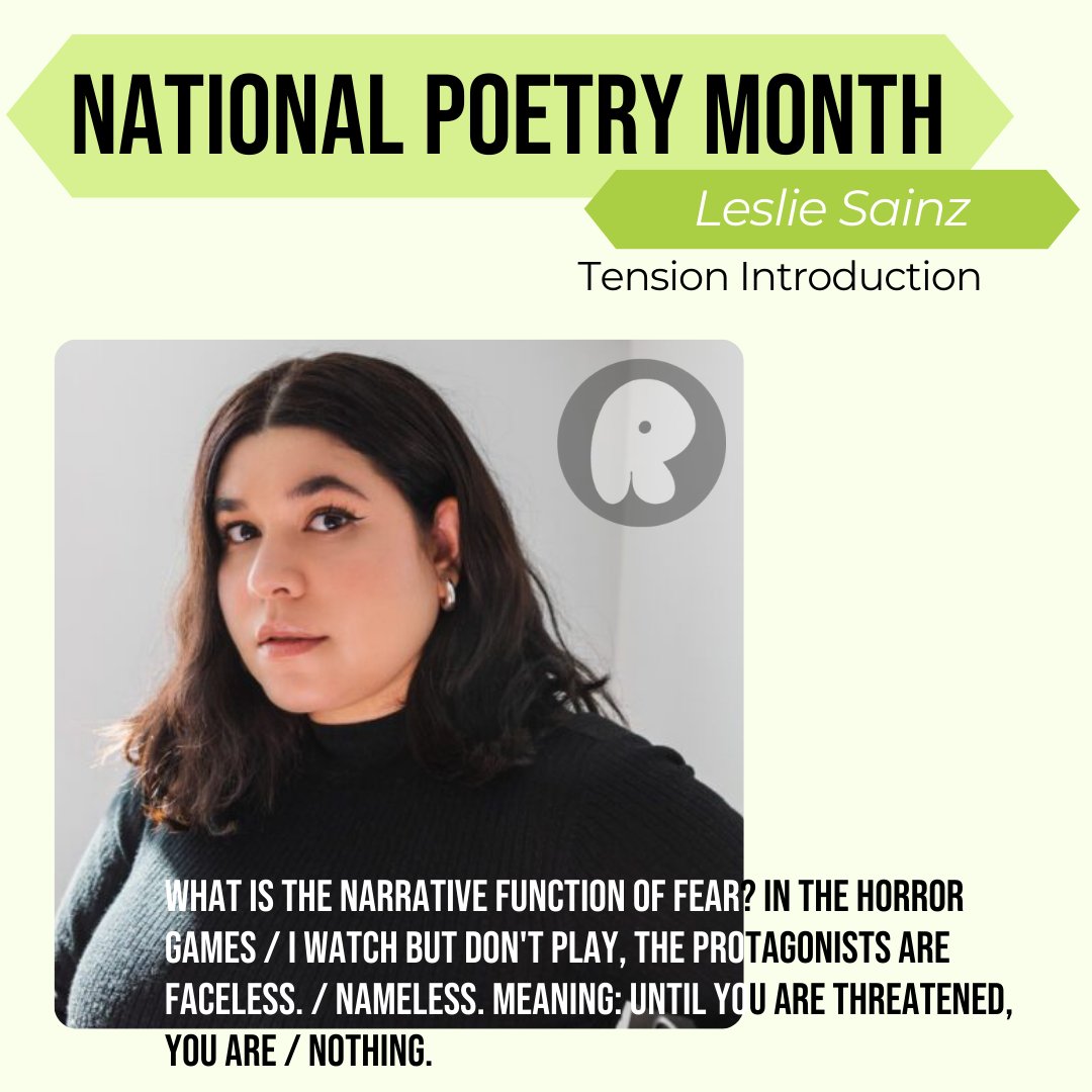 'What is the narrative function of fear? In the horror games / I watch but don't play, the protagonists are faceless. / Nameless. Meaning: until you are threatened, you are / nothing.' From 'Tension Introduction' by @lesannsai for National Poetry Month. therumpus.net/2024/04/30/nat…