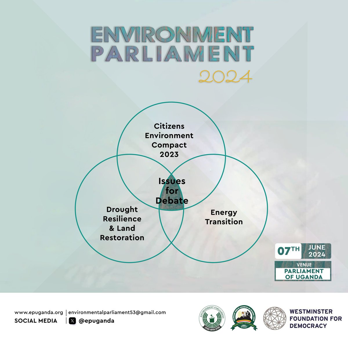 Excited to announce that I've been selected to be part of this year's <a href="/epuganda/">Environment Parliament</a>  !  Join me on June 7, 2024, at the Parliament Building Main Hall as we tackle critical issues like energy transition, land restoration, and drought resilience.